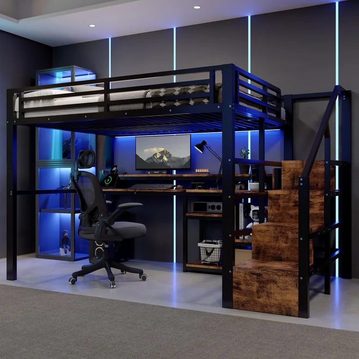 Hochbett, 140 x 200 cm, Metallbettgestell, Leiterschrank, Ablagefach, USB + Typ-C, LED-Lichtleiste, Ohne Matratze, Schwarz – Bild 4