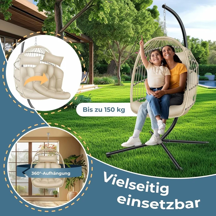 KESSER® Hängesessel Jungle mit Gestell Stahl Hängekorb Sessel Inkl. Großen Kissen + Decken Halterung - Hängeschaukel Hängesitz Indoor - Outdoor Schaukel Hängestuhl für Kinder und Erwachsene Beige – Bild 8