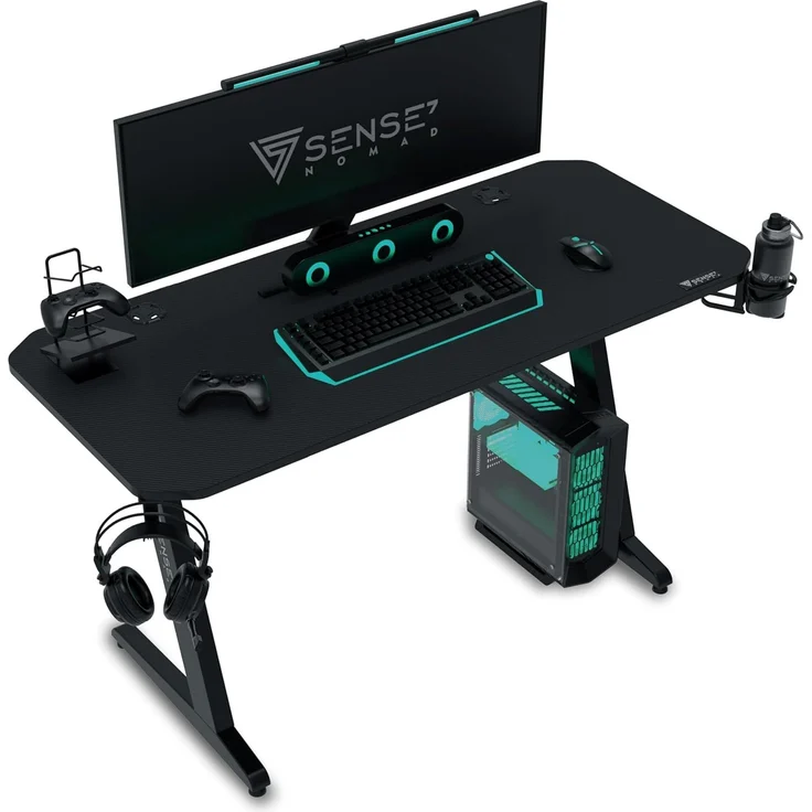 SENSE7 Schreibtisch Nomad Basic, Gaming Tisch 100x50, PC Tisch mit Kopfhörerhaken, Getränkehalter, Controller Halter, Gaming Computertisch mit Kohlefaseroberfläche, Ergonomischer Gaming Desk – Bild 1