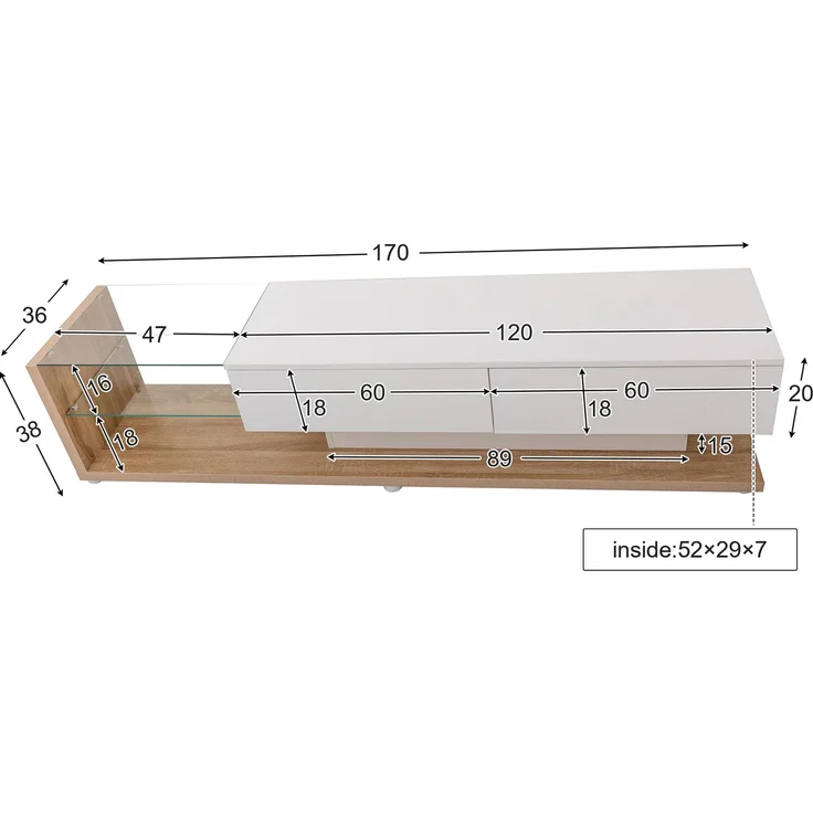 TV-Schrank 170 cm Weiß Hochglanz mit LED-Beleuchtung, 2 Schubladen, 2 Glasregale – Bild 10