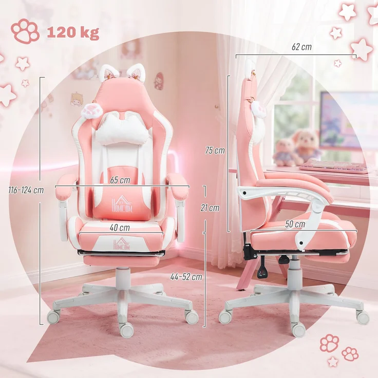 HOMCOM Gaming Stuhl, Kunstleder, Rosa, 65L x 62B x 116-124H cm – Bild 3