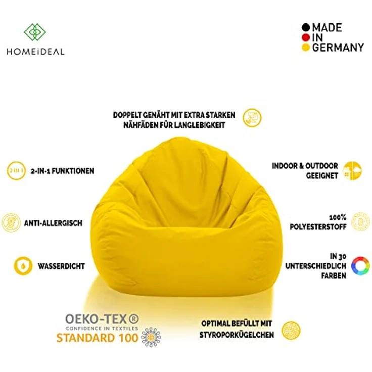 HomeIdeal - Sitzsack XXL Bodenkissen für Erwachsene & Kinder - Geeignet für Gaming oder Entspannen - Indoor wie Outdoor da er Wasserfest ist - mit EPS Perlen, Farbe:Gelb, Größe:XL – Bild 3