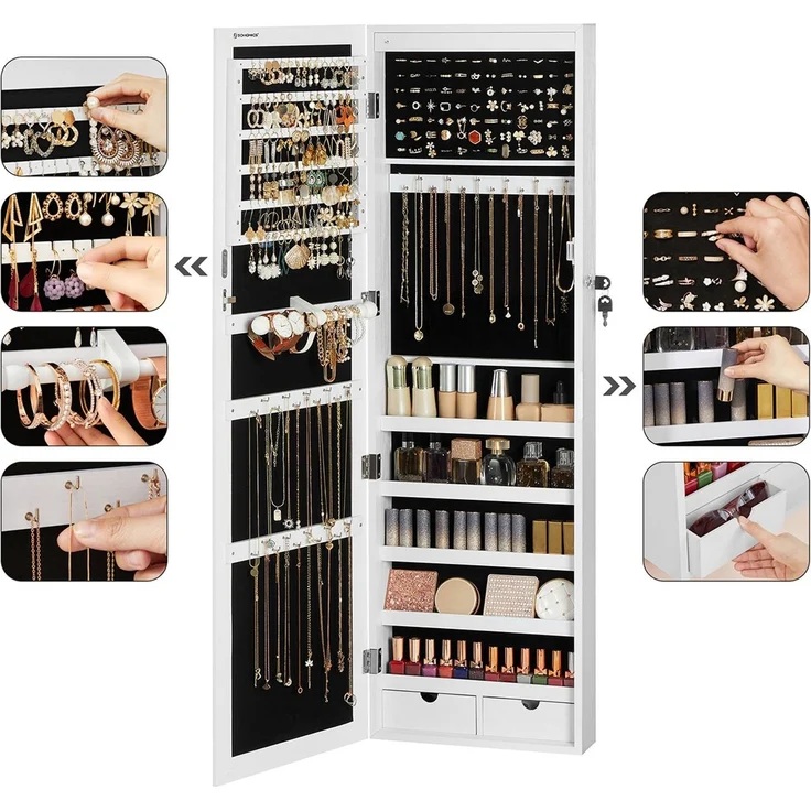 Schmuckschrank mit LED Beleuchtung und abschließbar, MDF weiß, JBC93W, 37 x 10 x 120 cm – Bild 8