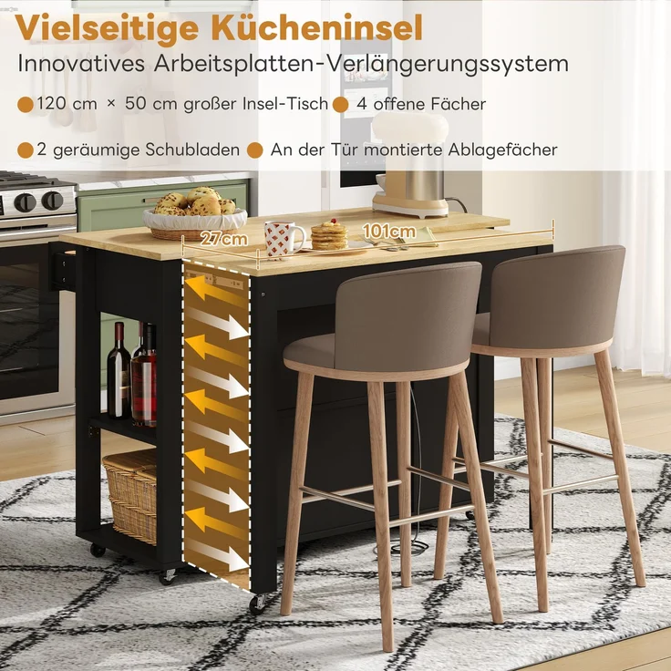 Merax 120 cm Kücheninsel mit Bartheke und Steckdosen, mit 2 Schubladen und 2 Schranktüren mit Türregalen, Schwarz – Bild 8