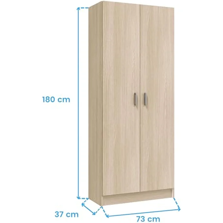 Mehrzweck-Kleiderschrank mit zwei Flügeltüren und zwei höhenverstellbaren Einlegeböden, Eichenfarbe, 73x37 x H180 cm – Bild 4