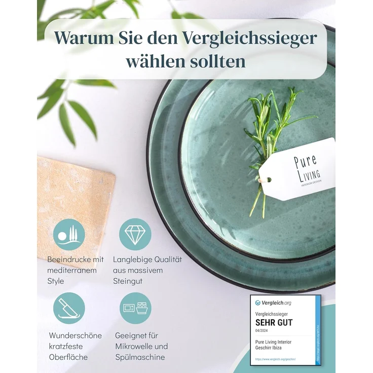 Steingut Geschirrset 6 Pers. Ibiza 18-tlg Hochwertiges Mediterranes TEST SEHR GUT Steingut Geschirr Set - Schüssel- und Teller Set - Tafelservice 6 Personen Geschirrsets Pure Living in Salbeigrün – Bild 2