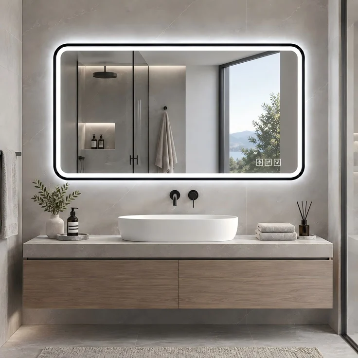 Badezimmerspiegel H 4 x T 100 x B 60 cm mit schwarzem Aluminiumrahmen und Anti-Beschlag-Funktion – Bild 2