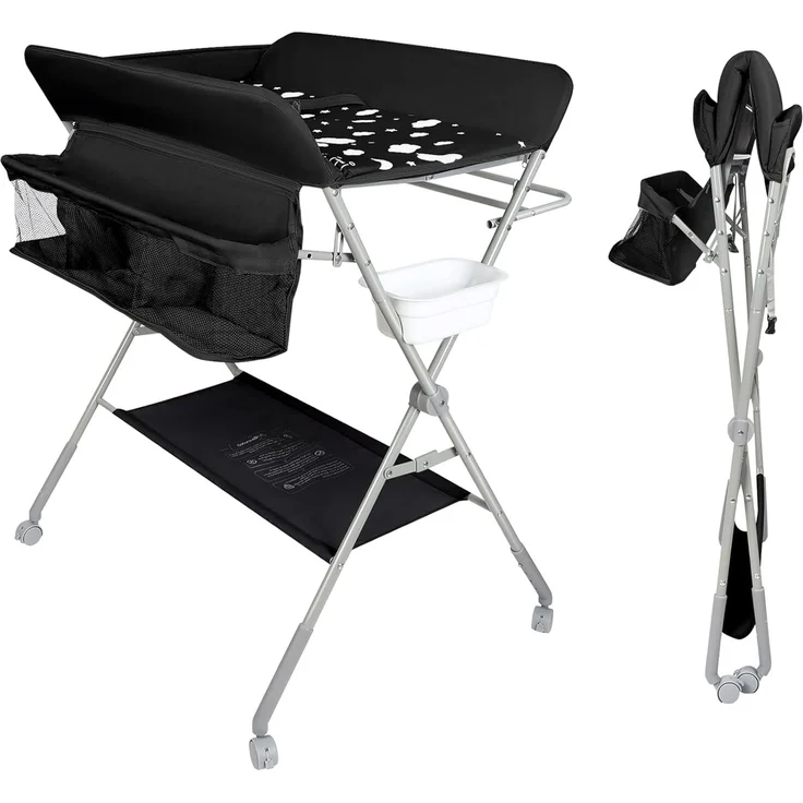 Baby Klappbarer Wickeltisch，Mobiler Wickeltisch mit Rollen und Wickelauflage,Wasserdicht und Höhenverstellbar，Baby Wickelkombi mit Ablagefächern-80 * 58 * 90 cm-schwarz – Bild 1