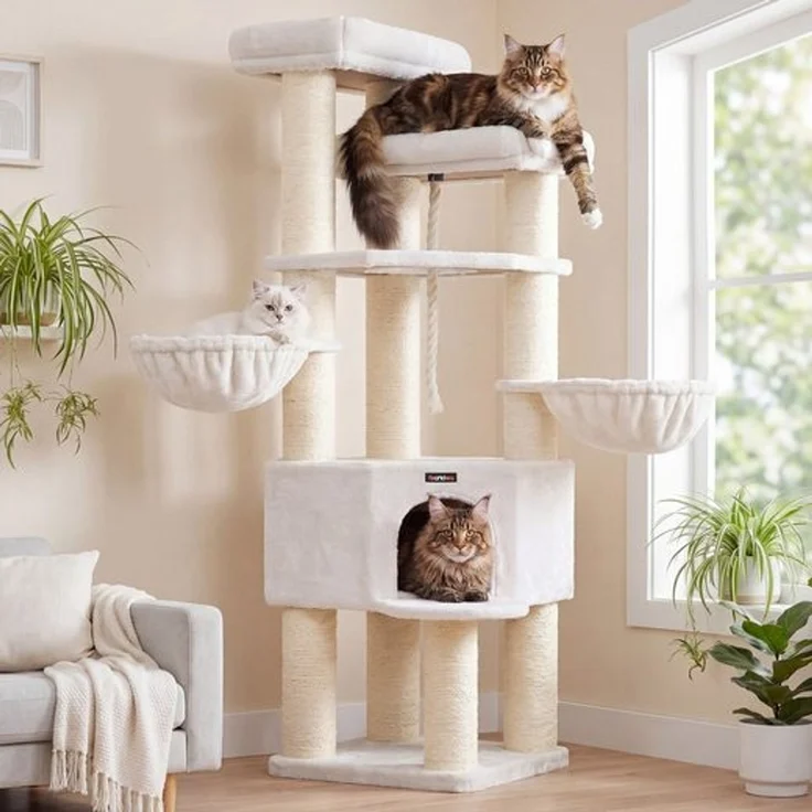 FEANDREA Kratzbaum, mehrstöckiger Katzenbaum, dicke Sisalstämme, für große Katzen, Katzenkratzbaum, weiß – Bild 2