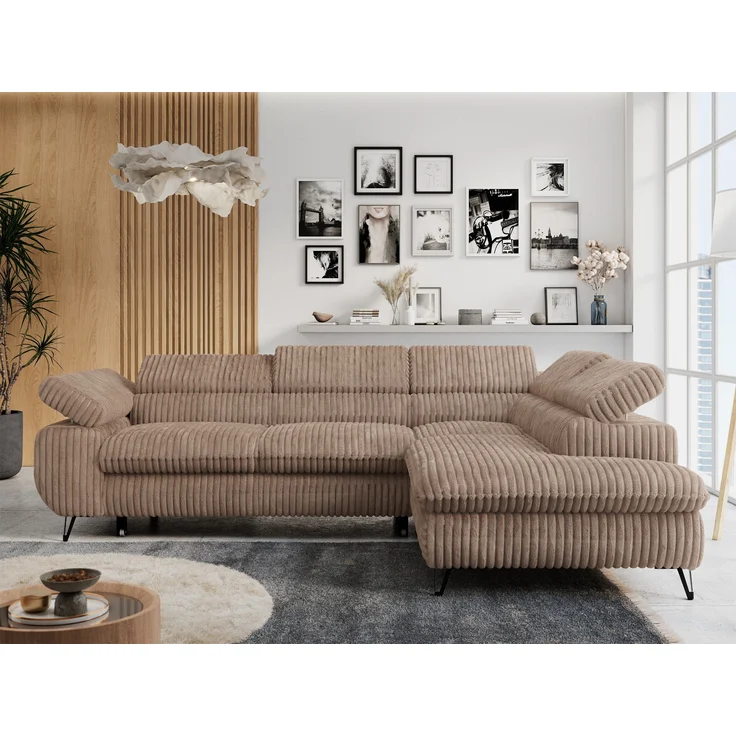 Mks Möbel 'Peter L-form' Ecksofa mit Bettfunktion, Bettkasten & einstellbaren Kopfstützen, Braun, Cord, rechts – Bild 1