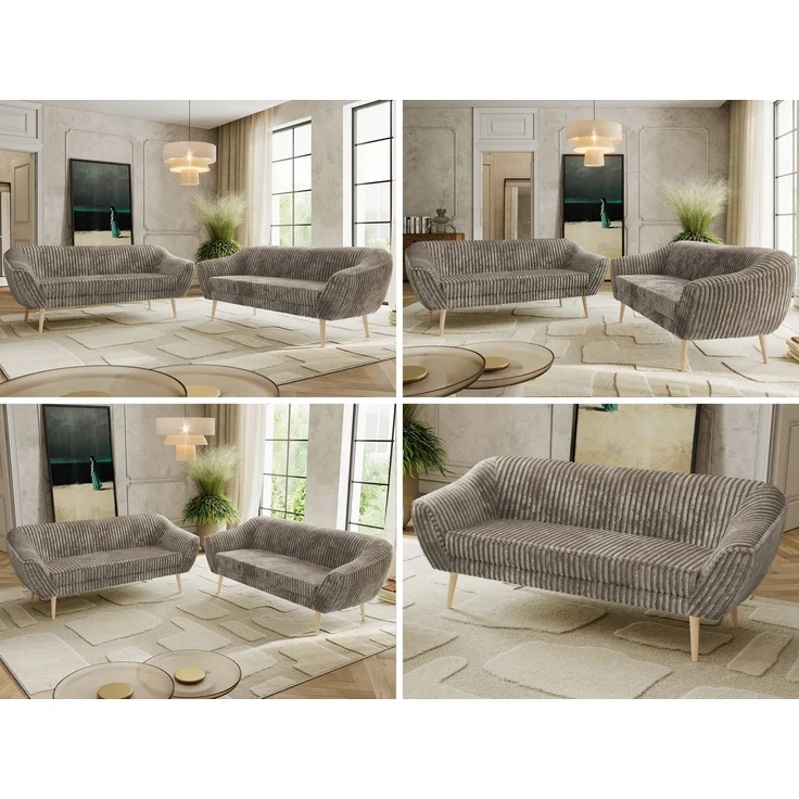 Wohnzimmerset Möbelset PIRS 3-3, Armlehnen, Wellenfederung, Buche Füße, Dreisitzer Sofa, Polstermöbel Set - Hellgrau Velvet – Bild 2