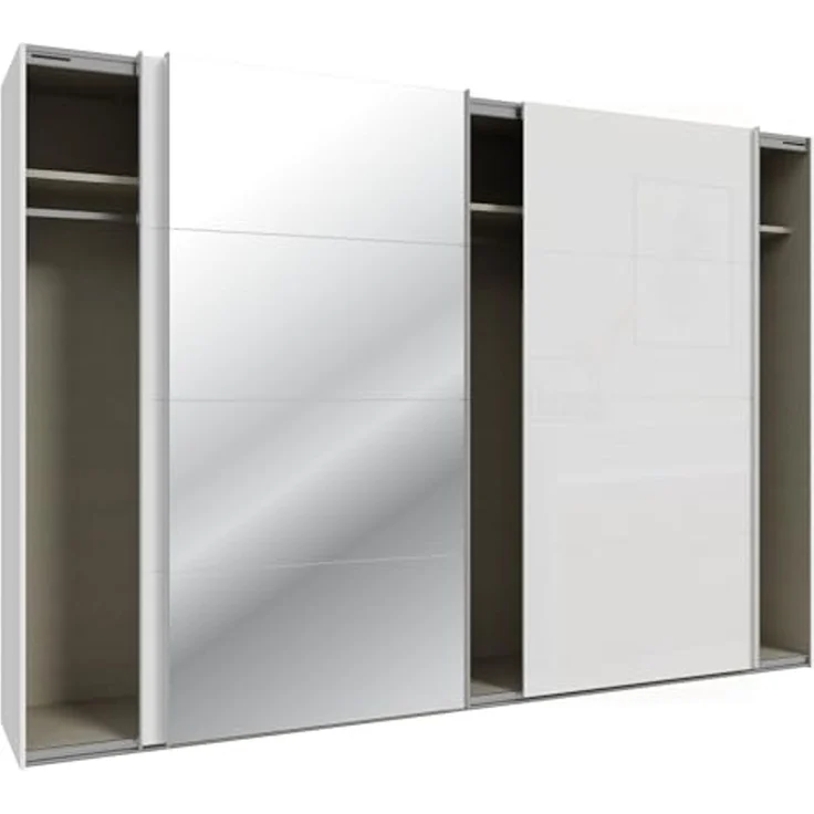 Forte SOPHISTISPACE Kleiderschrank 300, moderner Schwebetürenschrank, 3-türig, Einlegeböden, Kleiderstangen, Spiegel, Holzwerkstoff, Weiß/Weiß Glanz, 299,8 cm breit x 210,5 cm hoch x 62,9 cm tief – Bild 6