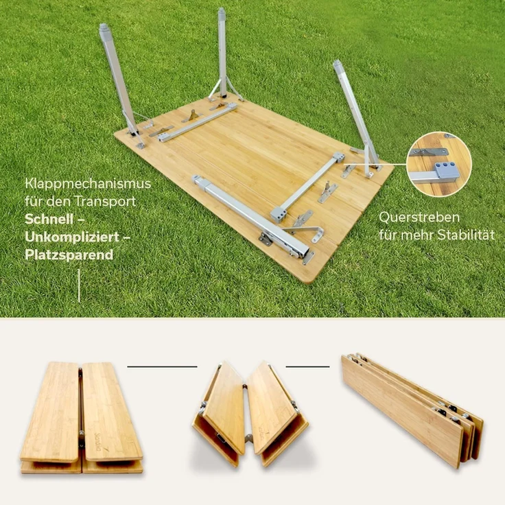 Skandika Campingtisch Tolja Bambus Falttisch mit Netzablage, 3-Fach höhenverstellbar (Netzablage (Klettbefestigung), Verstellbare Füße), Tragetasche, wetterfest, UV-beständig, Klapptisch für Garten, Balkon – Bild 5