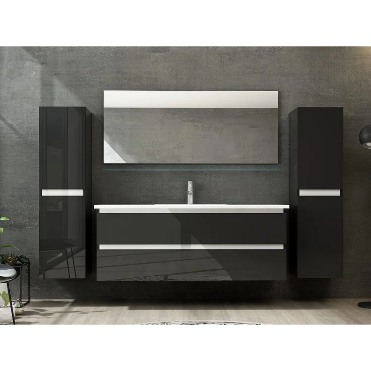 Homeline Badmöbel Set mit Schubladen Glas ablage (Marcel Schwarz, 120 cm Einzelbecken 2X Hochschrank) – Bild 2