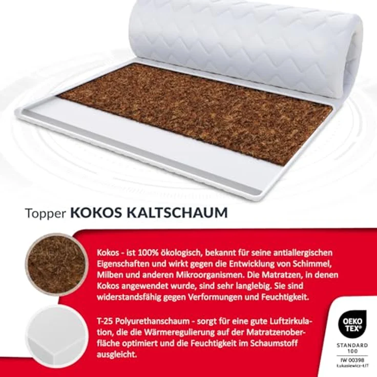 FDM Topper 180x200 cm, Matratzenauflage mit KOKOS, 4 cm Kaltschaum, H4, waschbarer Premium Bezug, antiallergisch – Bild 4
