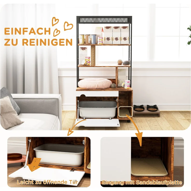 Katzentoilette mit 3-Ebenen-Regal und Kratzpfosten, Geschlossenes Katzenklo, 80 x 48 x 152 cm, Braun--Rustikal-Braun--152x48x80cm--YOUDENOVA – Bild 7