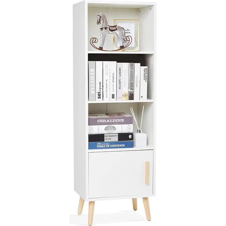Meerveil Bücherregal, Bücherschrank mit 1 Tür und 3 Fächern aus Holz Modern für Wohnzimmer Schlafzimmer Arbeitszimmer, 42 x 30 x 127 cm, Weiß H1071ST05WT