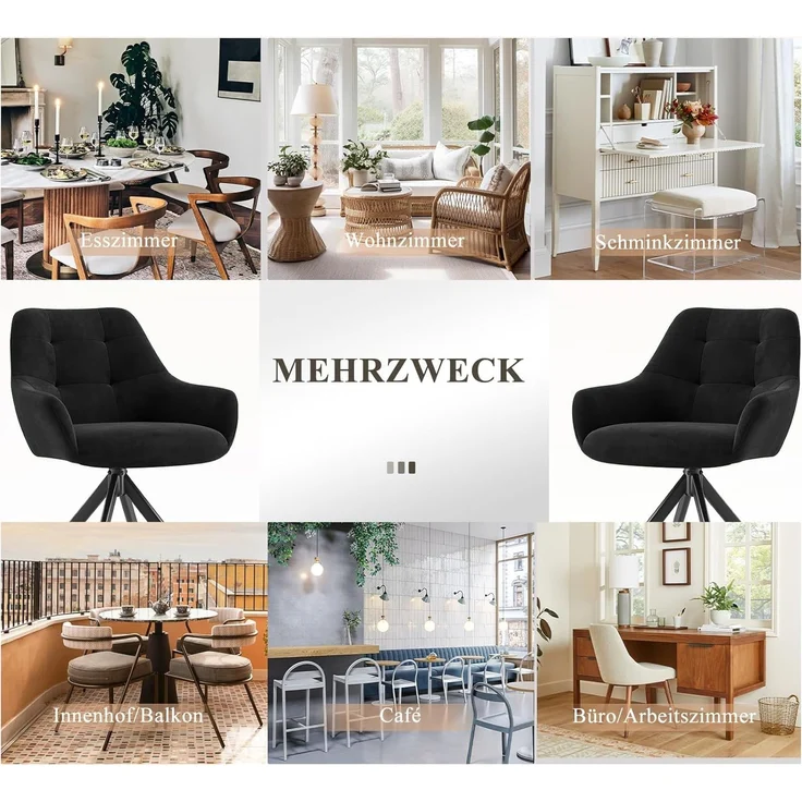 COLAMY Drehbare Esszimmerstühle 4er Set, Esszimmerstühle Drehbar mit Armlehne, Armlehnstuhl Drehbar mit Rückenlehne für Esszimmer, Stühle aus Weichem Florstoff mit Metallgestell für Küche, Schwarz – Bild 9