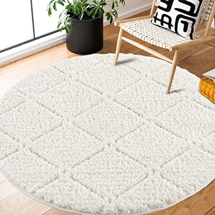 Teppich Rund - Hochflor - Boho - Cream - 160x160cm - Einfarbig - Modern Raute Meliert Muster - Skandinavisch Flauschig Weich - Wohnteppich Schlafzimmer Dekoration – Bild 2