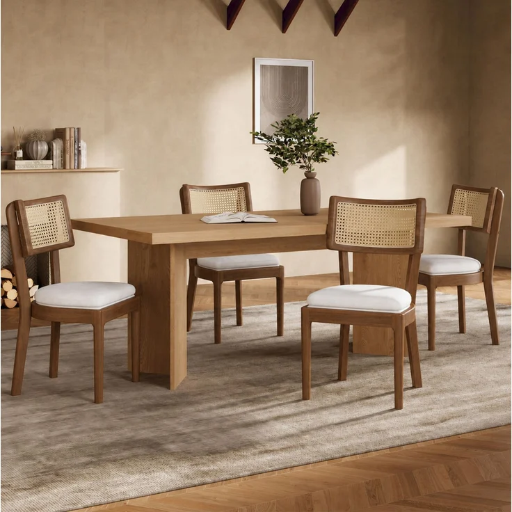 Esszimmerstühle, Massivholz mit Rattan-Rückenlehne, Set aus 2, 50x58x88 cm, Walnuss – Bild 2