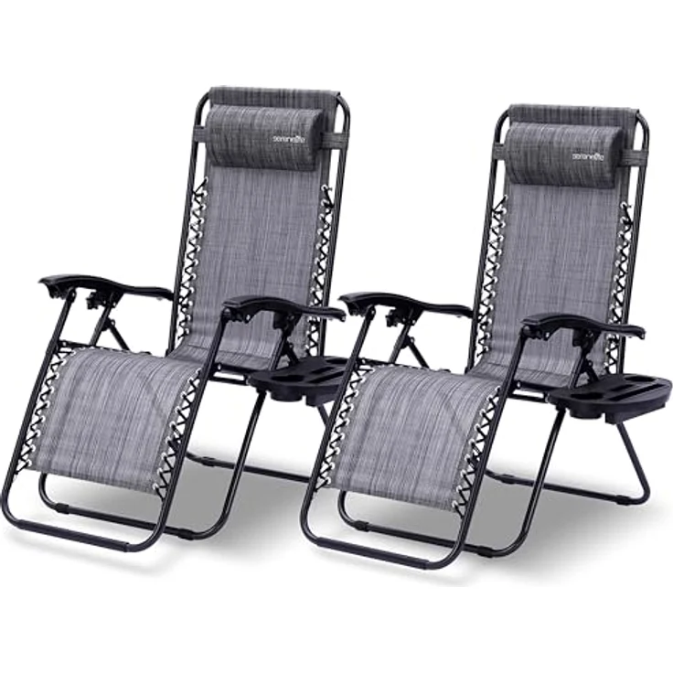 SereneLife Sonnenliege Klappbar 2er Set, Zero Gravity Liegestuhl Garten, bis 120 kg Grau, Verstellbar und Wetterfest, mit Tisch Getränkehalter und Kopfkissen, für Balkon Terrasse Camping Strand Relax – Bild 1