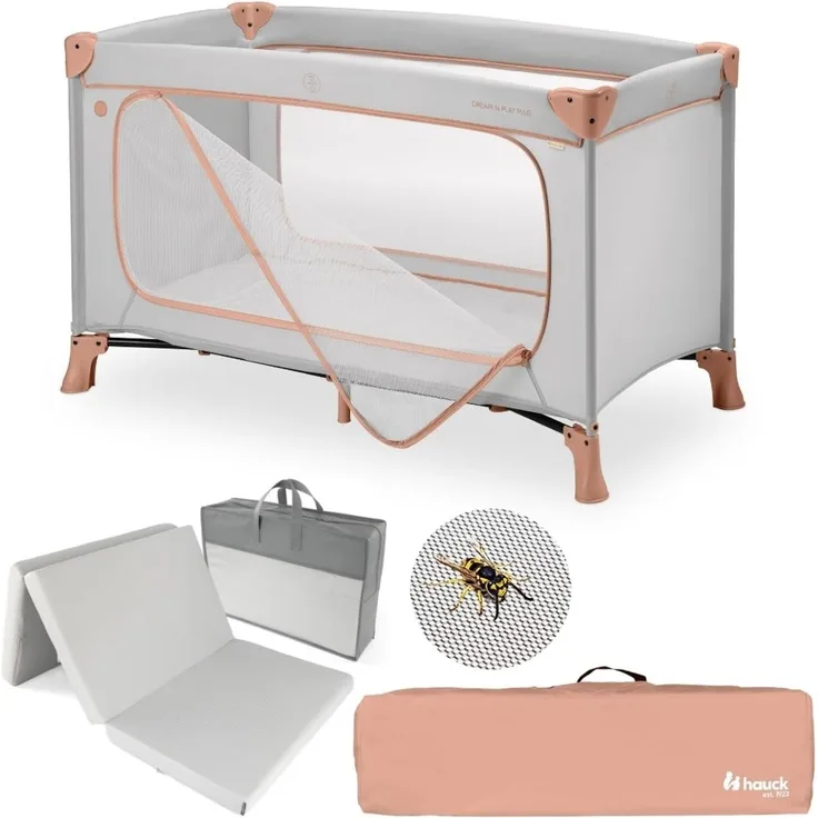 hauck Baby Reisebett Set Dream N Play Plus inkl. Matratze & Insektenschutz | faltbares Kinder Reisebett mit großem Seiteneingang und Tasche – Dusty Cork