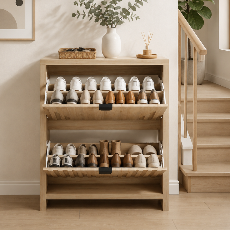 Schuhschrank aus MDF und Massivholz mit 2 Klappfächern, Eichenoptik und geometrischer Front,H 95 x T 80 x B 24 cm – Bild 4