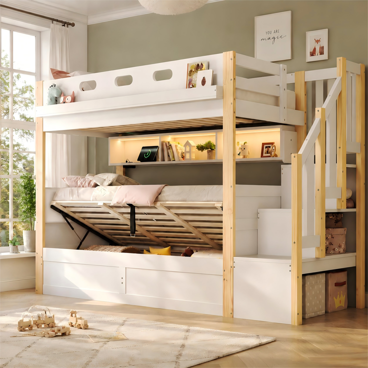 U-life Etagenbett 90x200 cm, fürs Kinderzimmer, Kinderbett, Holzbett, LED-Beleuchtung, USB-Aufladen, Massivholz, Weiß – Bild 2