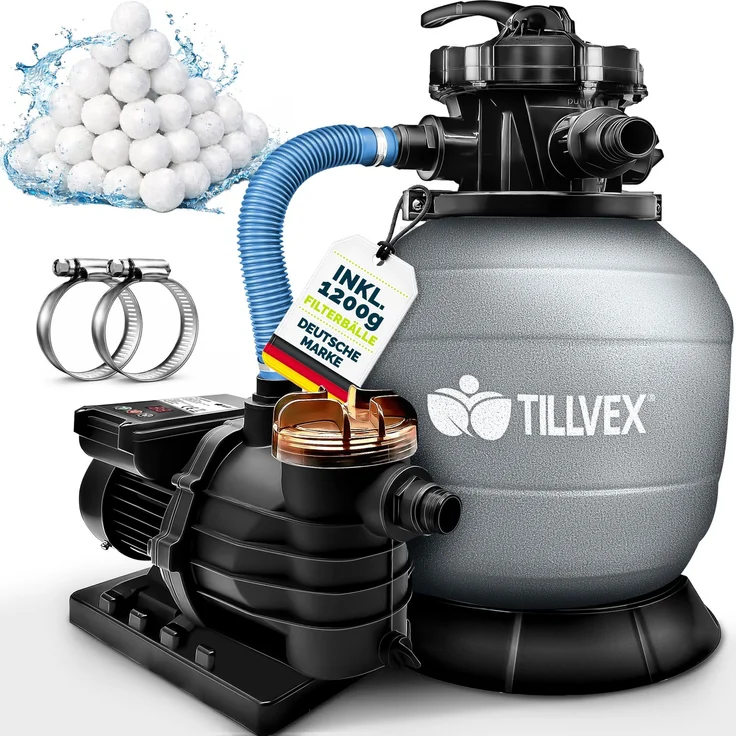 tillvex® Sandfilteranlage Pool mit Timer Grau 13.200L/h bis 40.000L + 1200g Filterbälle | Filteranlage 7-Wege Ventil & 2in1 Adapter Ø32-38mm | Poolfilter Selbstansaugend | Sandfilter Schwimmbecken – Bild 2