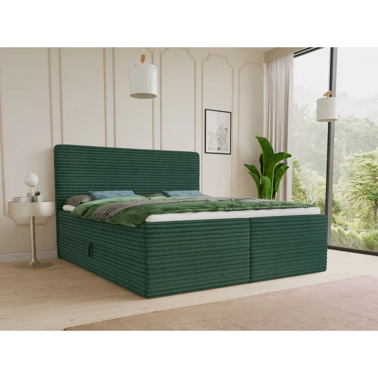 Boxspringbett Mollo mit 2 Bettkästen, Doppelbett mit Bonell-Matratze und Topper, Polsterbett in weichem Cordstoff, Bett, Bettgestell für Schlafzimmer (Grün (Tilia 39), 140 x 200 cm) – Bild 1