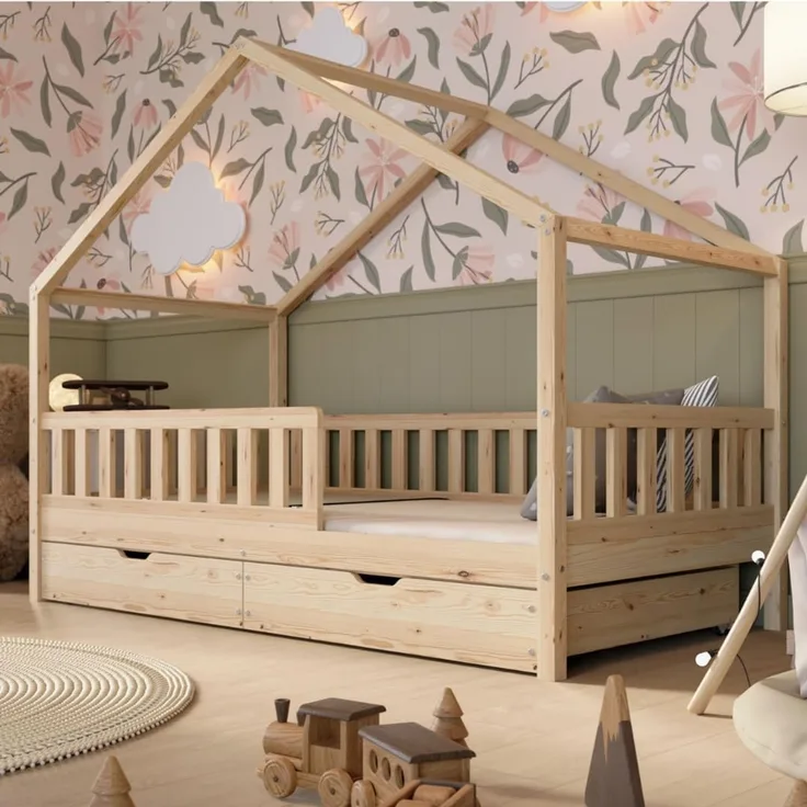 Crazy Pine 'Crazy House' Hausbett mit abnehmbaren Rausfallschutz, Naturholz, Natur, 140x200 cm, mit Schubladen