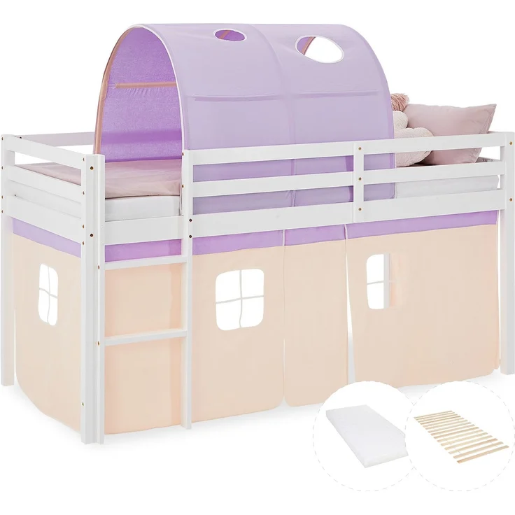 Hochbett Kinder 90x200 cm mit Matratze Kinderbett Kinderhochbett Stockbett Tunnel Vorhang Lila Peach Holz Lattenrost – Bild 1