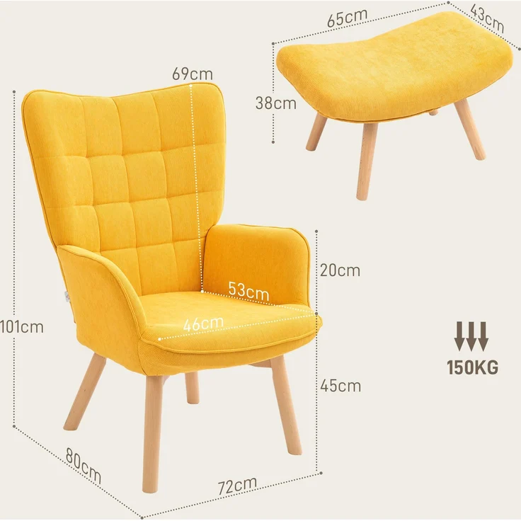 Ohrensessel mit Hocker, Relaxsessel, Polstersessel in Kordoptik, Loungesessel, Armlehnstuhl mit Holzbeine, Fernsehsessel für Wohnzimmer, Orange--Orange--72x80x101cm--YOUDENOVA – Bild 3