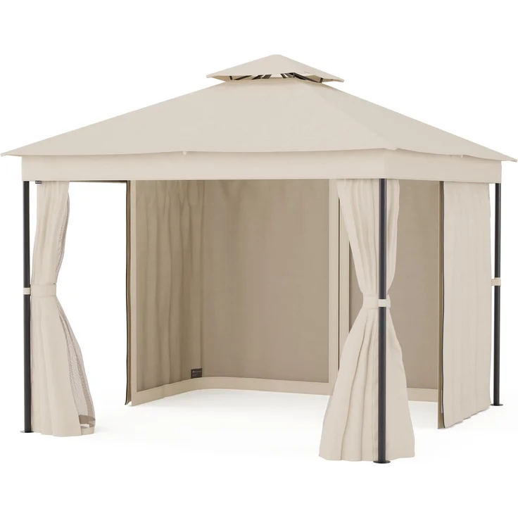 Blumfeldt Mondo Dual Pavillon 3x3 – Doppeldach & Moskitonetze, Wetterfester Metallrahmen, Vorhänge Für Privatsphäre, Gartenpavillon, Leicht Zu Montieren, Beige – Bild 2