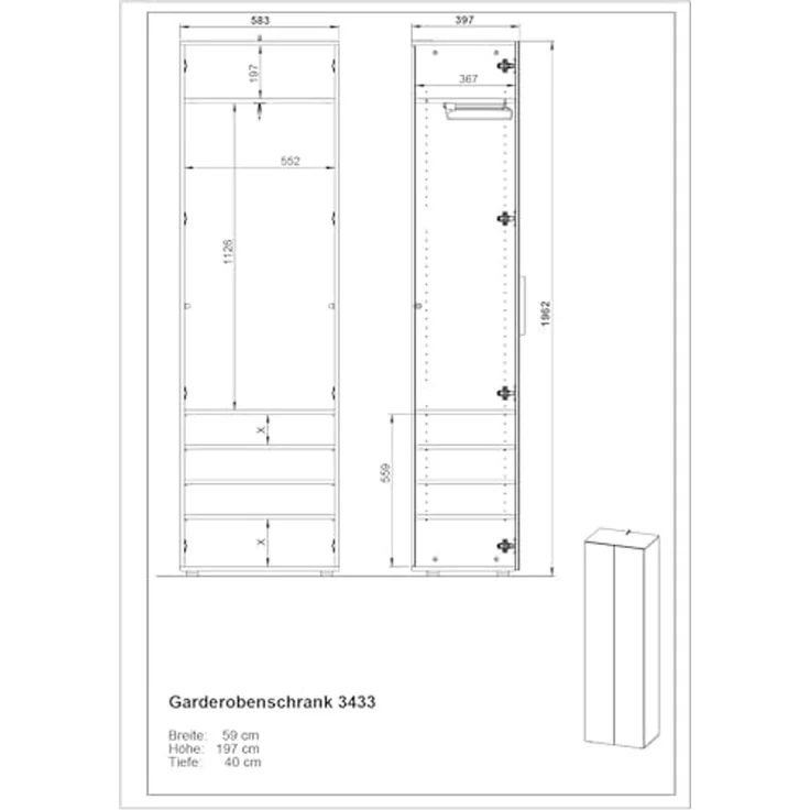 Garderobenschrank >GW-GENOVA< 5 Böden, Kleiderstange, Glas / Weiß - 59x197x40cm (BxHxT) – Bild 3