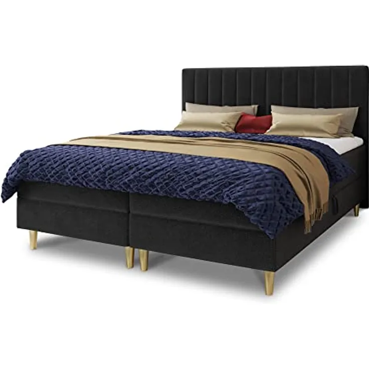 Boxspringbett Gold mit 2 Bettkästen und Topper - Doppelbett, Bonell-Matratze, Polsterbett, Bett mit Matratzentopper, Schlafzimmer, Velours Stoff (Schwarz (Manila 18), 160 x 200 cm)
