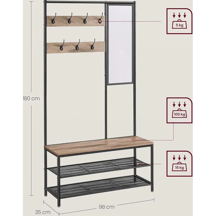 VASAGLE Kleiderständer, Garderobe, Garderobenständer mit Haken, Spiegel, Sitzbank, 35 x 98 x 180 cm, für Eingangsbereich, Schlafzimmer, Wohnzimmer, Industrie-Stil, Kamelbraun-tintenschwarz HSR415K01 – Bild 6