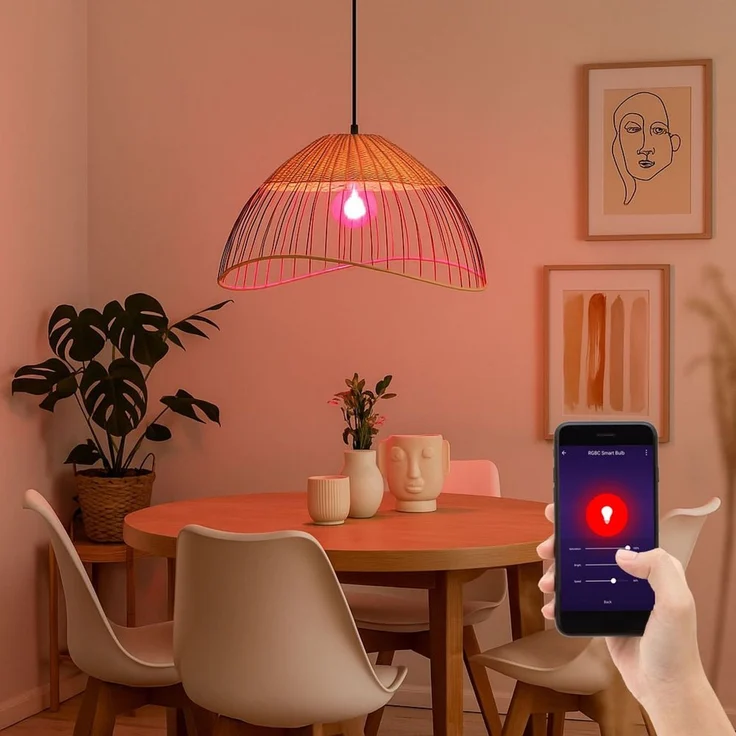 RGB LED Hängelampe, Käfig schwarz, Holz, Rattan, App-Steuerung – Bild 2