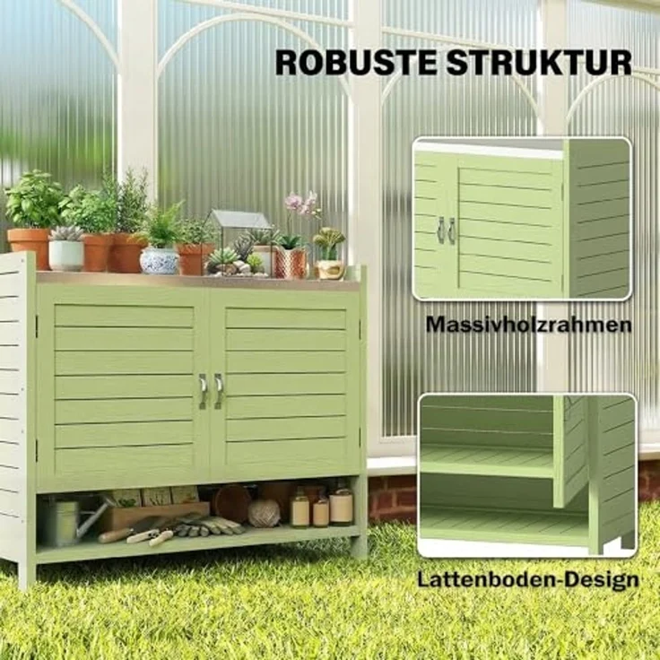 Outsunny Pflanztisch mit verzinkter Arbeitsplatte 3 Regalböden Doppeltüren (wetterfest Gärtnertisch, 1-St, Outdoor Gartenschrank), aus Holz für Garten Balkon Terrasse 88 x 40 x 70,5 cm, Grün – Bild 6