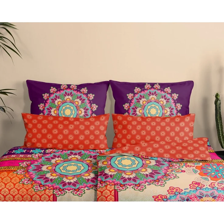 hip Wendebettwäsche Sherhia, Satin, 3 teilig, Satin, Reißverschluss, Wendeoptik, Mandala, Orange, Lila – Bild 3