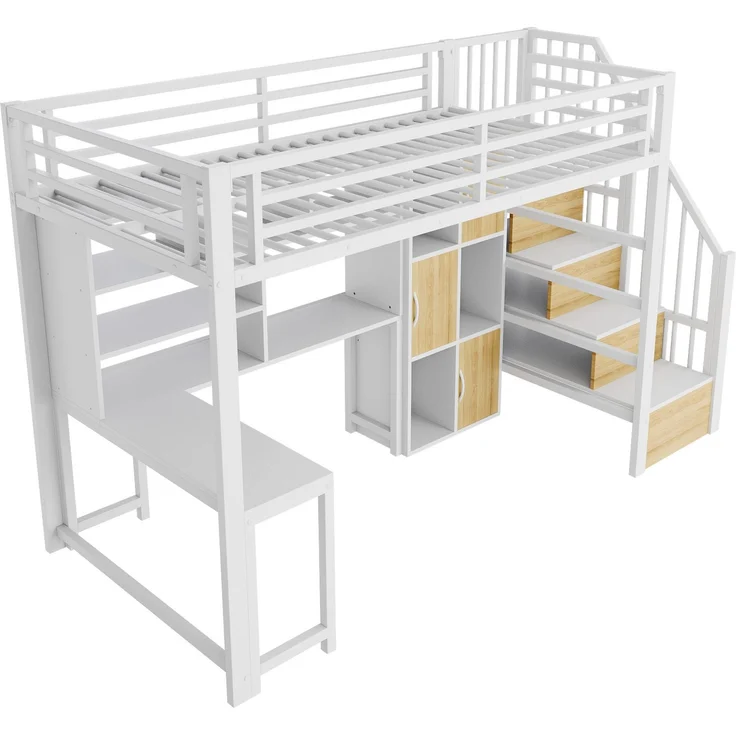 Hochbett, 90x200 cm, Metallbettgestell, Leiterschrank, Ablagefach, LED-Lichtleiste, Ohne Matratze, Weiß – Bild 10