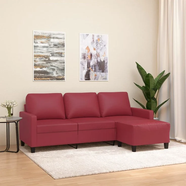 3-Sitzer Sofa, Couch Wohnzimmer mit Hocker Weinrot 180 cm Kunstleder – Bild 1