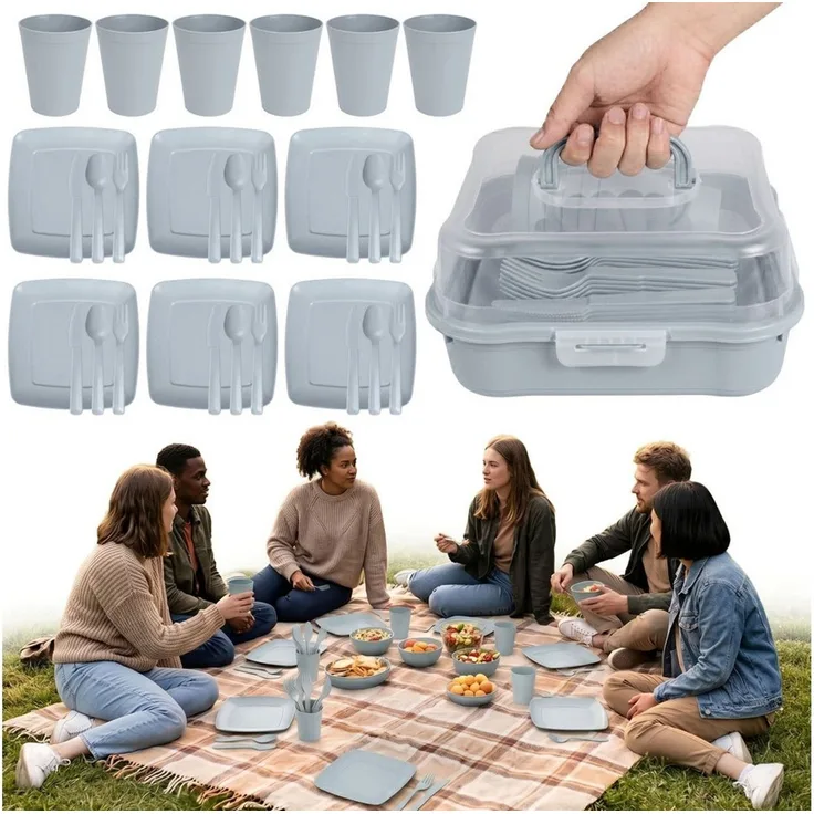 Sarcia. eu Geschirr-Set Graues Picknick-Set, Campinggeschirr-Set im Behälter, 32 Teile