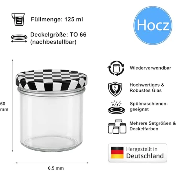 hocz 50x Marmeladengläser 125 ml | mit Deckel Schwarz Kariert TO 66 | Einmachgläser mit Schraubdeckel zum befüllen | Sturzgläser Marmelade Schraubgläser | leere Gläser Set | 50 Stück – Bild 2