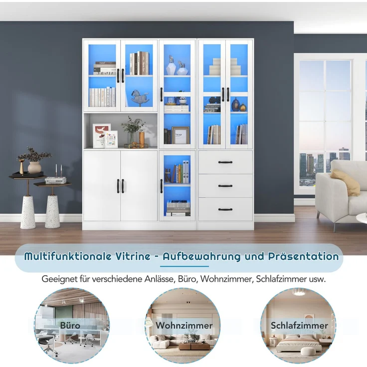 DESVIAE Vitrine Kombi-Set Weiß aus Spanplatte – 180x200x40 cm – LED-Beleuchtung, 8 Türen, 3 Schubladen – Bild 6