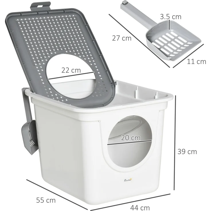 Katzentoilette 44 x 55 x 39 cm mit Deckel, oberem Ausgang und Schaufel – Weiß – Bild 3