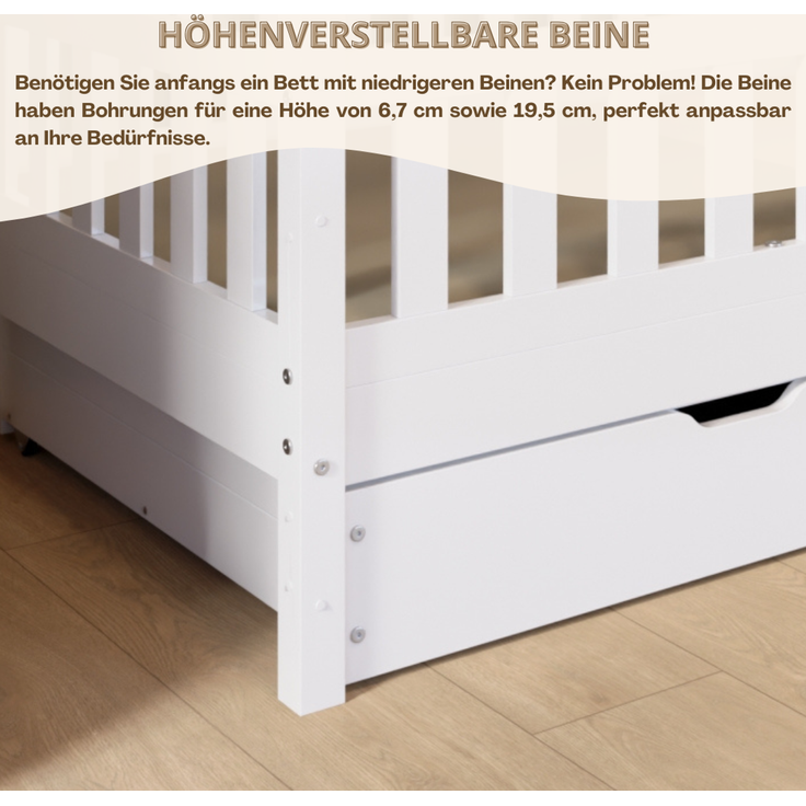 Crazy Pine 'Crazy Blanco' Hausbett mit Rausfallschutz, Skandinavisches Design, Naturholz, Weiß, 120x200 cm, mit Schubladen – Bild 6