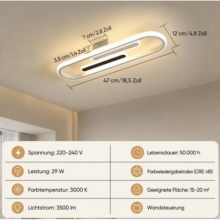 BlingBin LED Deckenleuchte 47cm Deckenlampe 29W 3400 lm warmweiß moderne LED Lampe, LED fest integriert, Tageslichtweiß, für Esstisch, Wohnzimmer und Büro – Bild 4