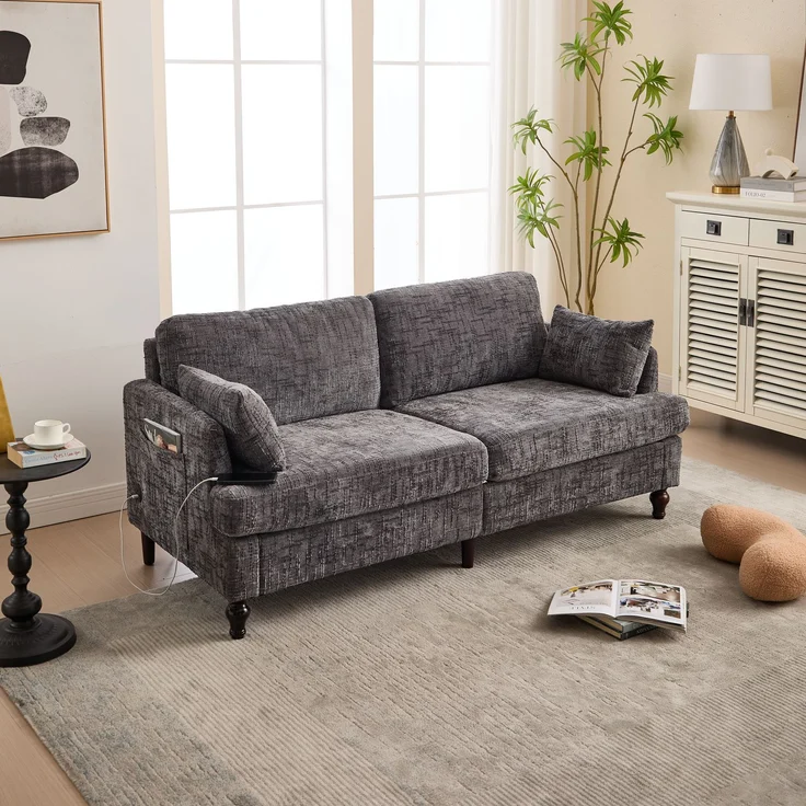 2-sitziges Chenille-Sofa mit USB-Ladeanschluss, LED-Licht und Aufbewahrungstasche in Grau – Bild 3
