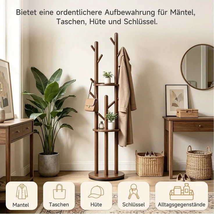 OSTWOLKE Garderobenständer Drehbarer Kleiderständer aus Massivholz mit 3 Ablage und 8 Haken, stabil & einfach zu montieren, für Flur, Schlafzimmer, 165×40×40 cm – Bild 4